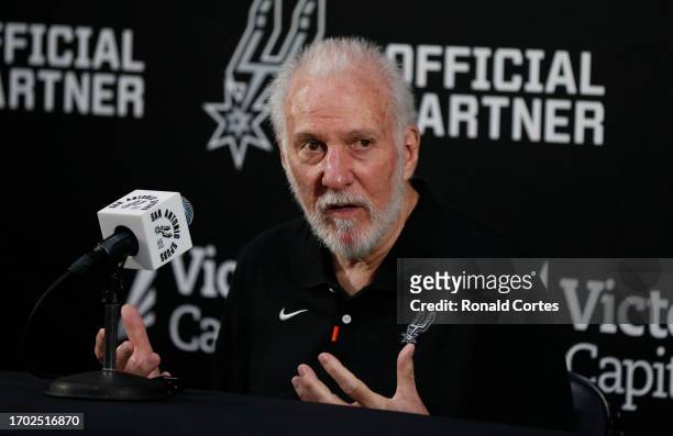 Gregg Popovich head coach of the San Antonio Spurs reacts to a question during San Antonio Media Day at 21 Spurs Lane on October 2, 2023 in San...
