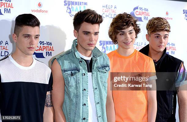 Hamblett, Josh Cuthbert, George Shelley and Jaymi Hensley from boyband Union J pose in the Media Room at the Capital Summertime Ball at Wembley Arena...