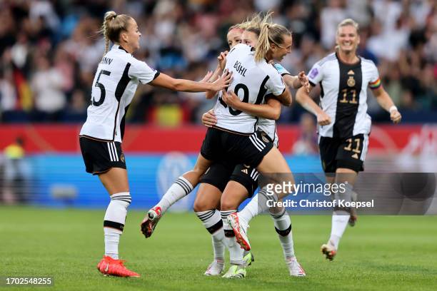 Klara Buehl of Germany celebrates the first goal with Lena Oberdorf of Germany during the UEFA Women's Nations League match between Germany and...