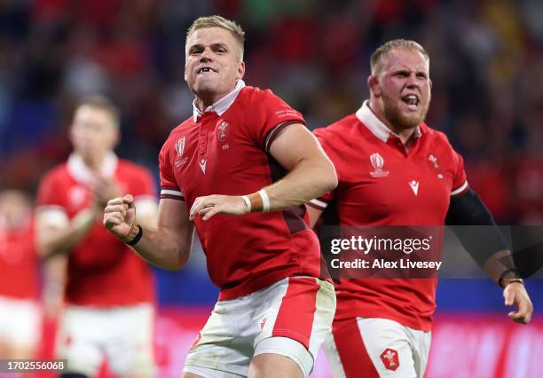 Gareth Anscombe of Wales celebrates during the Rugby World Cup France 2023 match between Wales and Australia at Parc Olympique on September 24, 2023...