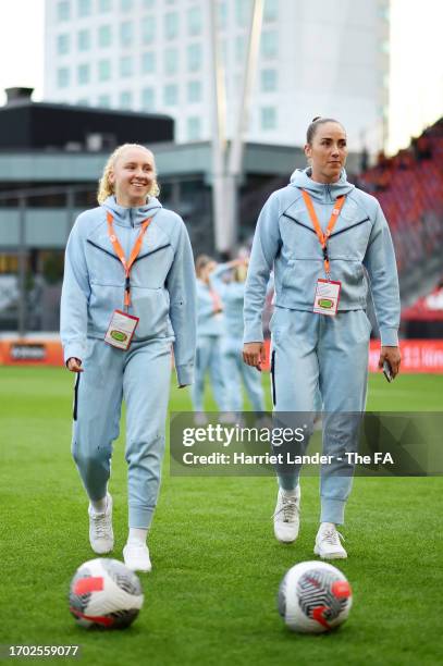 Katie Robinson and Lucy Parker of England look on prior to the UEFA Women's Nations League Group A match between Netherlands and England at Stadion...