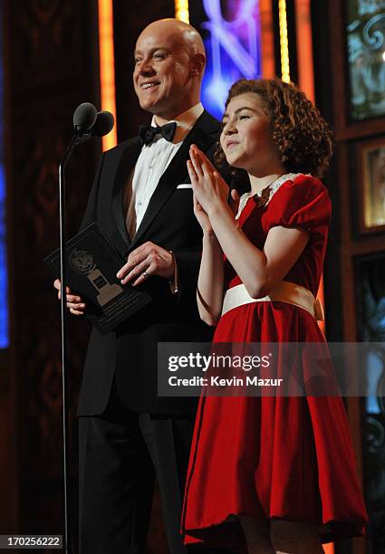 Actors Anthony Warlow and Lilla Crawford of "Annie" speak onstage at The 67th Annual Tony Awards at Radio City Music Hall on June 9, 2013 in New York...