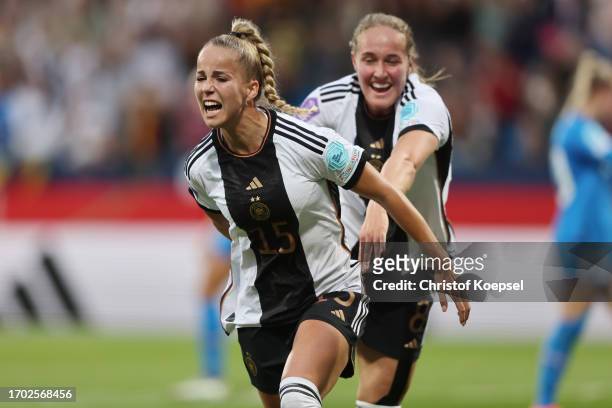 Giulia Gwinn of Germany celebrates the second goal with Sydney Lohmann of Germany during the UEFA Women's Nations League match between Germany and...