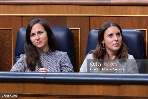Ione Belarra and Irene Montero attend the Feijoo's investiture session on September 26, 2023 in Madrid, Spain. Alberto Nunez Feijoo, political leader...
