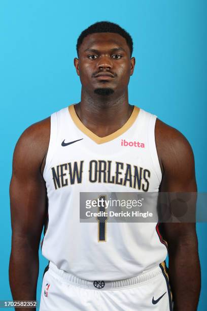 Zion Williamson of the New Orleans Pelicans poses for a head shot during the 2023-24 NBA Media Day in New Orleans, Louisiana at Smoothie King Center...