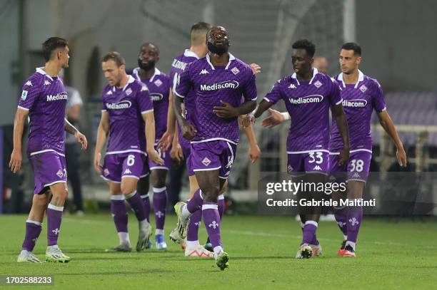 Bala Nzola of ACF Fiorentina celebrates after scoring a goal during the Serie A TIM match between ACF Fiorentina and Cagliari Calcio at Stadio...