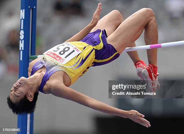 Hiromi Takahari competes in the Men's High Jump during day three of the 97th Japan Track and Field Championships at Ajinomoto Stadium on June 9, 2013...