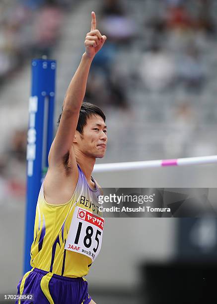 Hiromi Takahari competes in the Men's High Jump during day three of the 97th Japan Track and Field Championships at Ajinomoto Stadium on June 9, 2013...