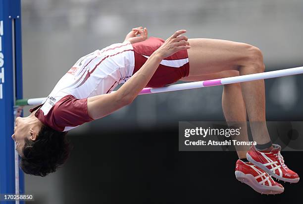 Takuya Tomiya competes in the Men's High Jump during day three of the 97th Japan Track and Field Championships at Ajinomoto Stadium on June 9, 2013...