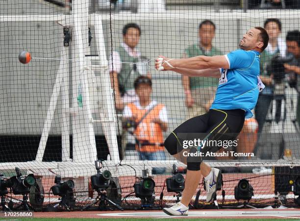 Koji Murofushi competes in the Men's Hummer Throw during day three of the 97th Japan Track and Field Championships at Ajinomoto Stadium on June 9,...