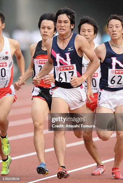 Sho Kawamoto competes in the Men's 800m during day three of the 97th Japan Track and Field Championships at Ajinomoto Stadium on June 9, 2013 in...