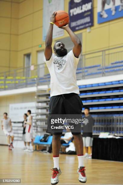 American professional basketball player James Harden of Houston Rockets in action during a meeting with fans on June 9, 2013 in Guangzhou, Guangdong...