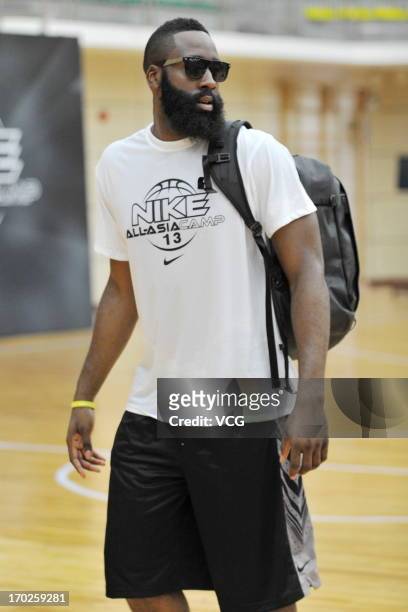 American professional basketball player James Harden of Houston Rockets in action during a meeting with fans on June 8, 2013 in Guangzhou, Guangdong...