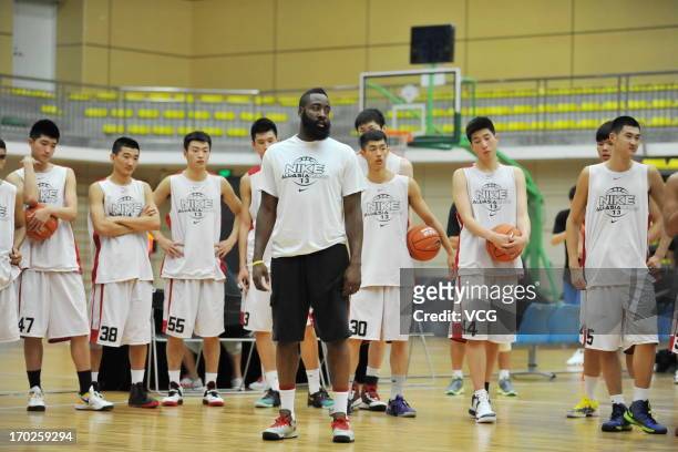 American professional basketball player James Harden of Houston Rockets in action during a meeting with fans on June 9, 2013 in Guangzhou, Guangdong...