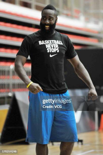 American professional basketball player James Harden of Houston Rockets in action during a meeting with fans on June 9, 2013 in Guangzhou, Guangdong...