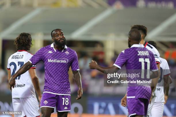 Bala Nzola of ACF Fiorentina and Nanitamo Jonathan Ikoné of ACF Fiorentina during the Serie A TIM match between ACF Fiorentina and Cagliari Calcio at...