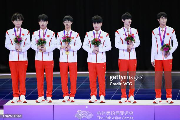 Gold medalists Team China pose during the medal ceremony for the Esports - Arena of Valor Asian Games Version Final on day three of the 19th Asian...