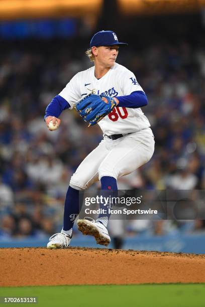 Los Angeles Dodgers Pitcher Emmet Sheehan throws a pitch during the MLB game between the San Francisco Giants and the Los Angeles Dodgers on...