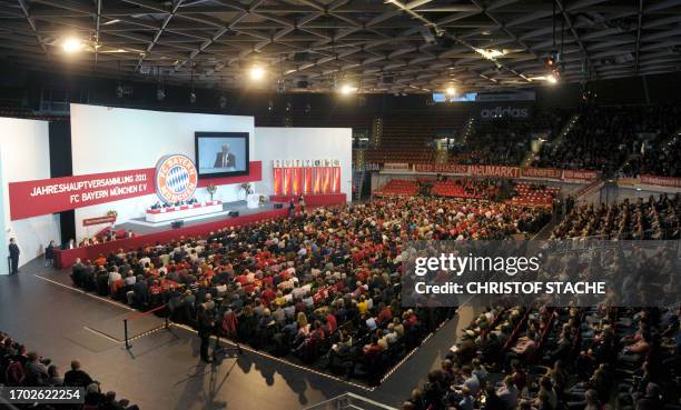 Shareholders of the German first division Bundesliga football club FC Bayern Munich attend their annual meeting taking place in Munich, southern...