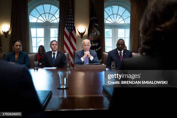 Interior Secretary Deb Haaland, US Secretary of State Antony Blinken, US President Joe Biden, and US Defense Secretary Lloyd Austin look on during a...