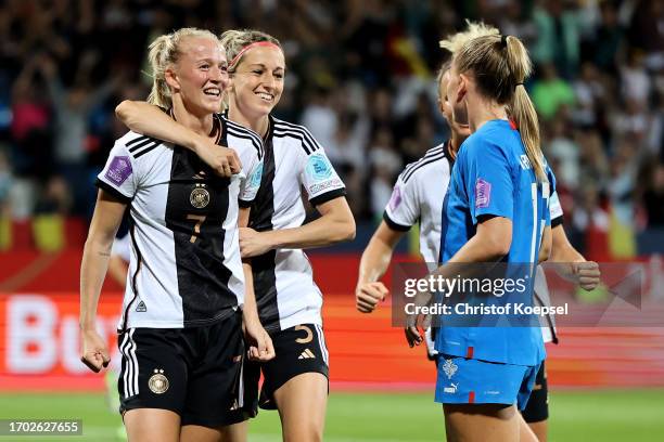 Lea Schueller of Germany celebrates the third goal with Kathrin Hendrich during the UEFA Women's Nations League match between Germany and Iceland at...