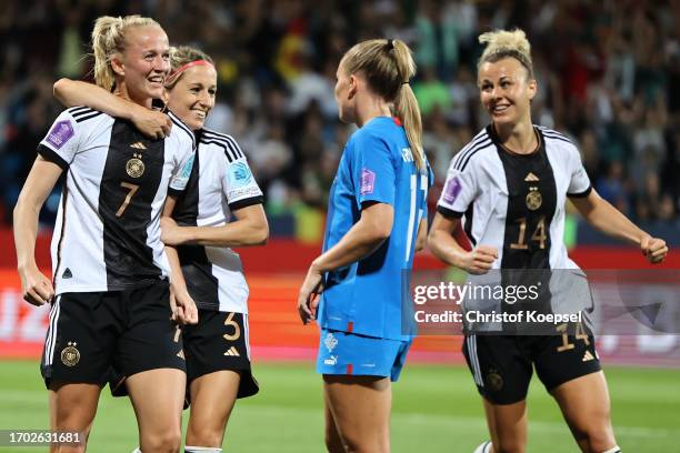 Lea Schueller of Germany celebrates the third goal with Kathrin Hendrich during the UEFA Women's Nations League match between Germany and Iceland at...