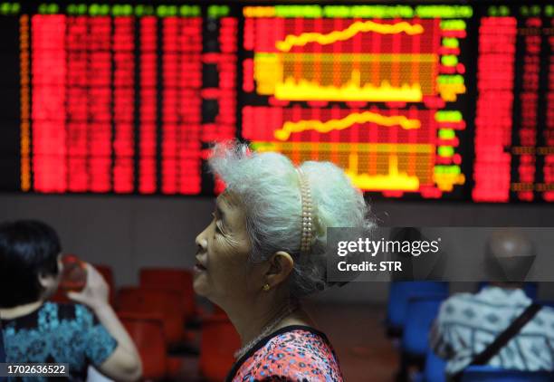 Chinese investors check their stock prices at a securities firm in Hefei, east China's Anhui province on July 7, 2011. Asian stocks were mixed in...