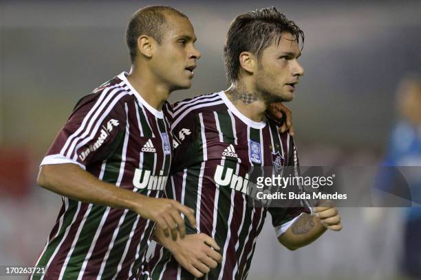 Carlinhos, and Rafael Sobis of Fluminense celebrates a scored goal during the match between Fluminense and Goias a as part of Brazilian Championship...