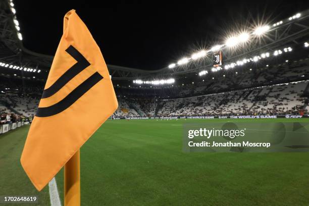 Juventus branded corner flag is seen in a general view of the stadium prior to the Serie A TIM match between Juventus and US Lecce at Allianz Stadium...