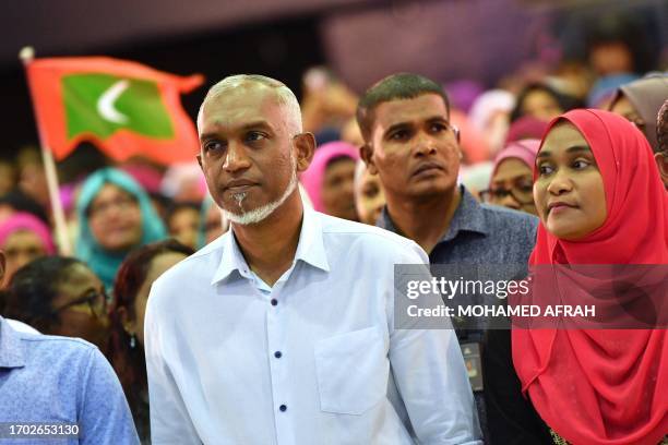 Maldives' President-elect of the Maldives' Mohamed Muizzu of the People's National Congress party attends a gathering with supporters following the...