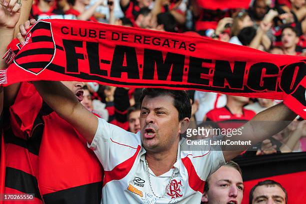 Supporters of Flamengo cheer their team during the match between Flamengo and Criciúma as part of the Brazilian Serie A 2013 on June 08, 2013 in...