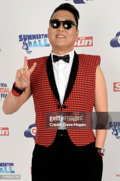 Psy poses in a backstage studio during the Capital Summertime Ball at Wembley Stadium on June 9, 2013 in London, England.
