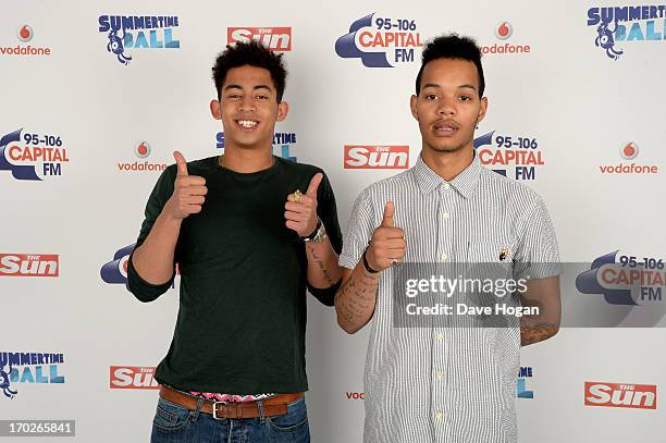 Jordan Stephens and Harley Alexander-Sule of Rizzle Kicks pose in a backstage studio during the Capital Summertime Ball at Wembley Stadium on June 9,...