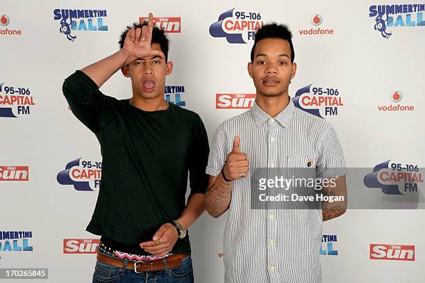 Jordan Stephens and Harley Alexander-Sule of Rizzle Kicks pose in a backstage studio during the Capital Summertime Ball at Wembley Stadium on June 9,...