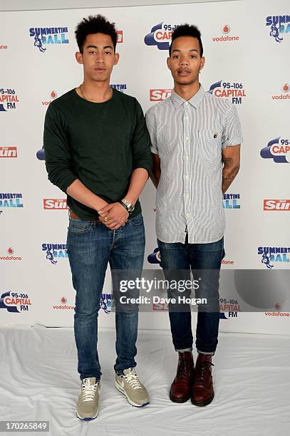 Jordan Stephens and Harley Alexander-Sule of Rizzle Kicks pose in a backstage studio during the Capital Summertime Ball at Wembley Stadium on June 9,...