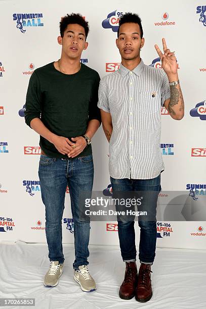 Jordan Stephens and Harley Alexander-Sule of Rizzle Kicks pose in a backstage studio during the Capital Summertime Ball at Wembley Stadium on June 9,...