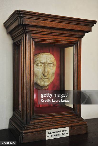 Dante's death mask is displayed at Palazzo Vecchio on June 8, 2013 in Florence, Italy. The latest book by the American writer Dan Brown is set...
