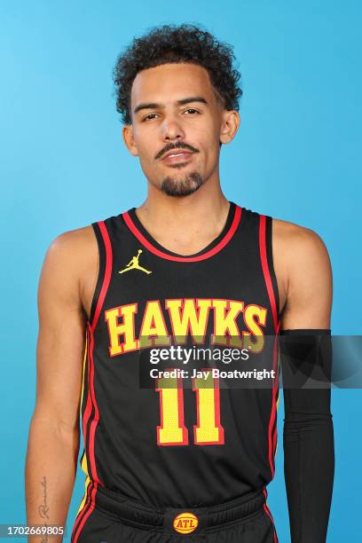 Trae Young of the Atlanta Hawks poses for a head shot during 2023-24 NBA Media Day on October 2, 2023 at PC&E Studios in Atlanta, Georgia. NOTE TO...