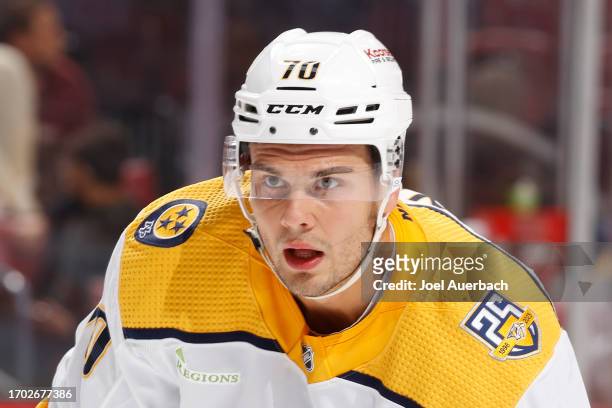 Egor Afanasyev of the Nashville Predators prepares for a face-off against the Florida Panthers during a preseason game at the Amerant Bank Arena on...