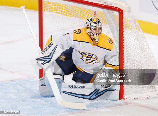 Goaltender Troy Grosenick of the Nashville Predators defends the net against the Florida Panthers during a preseason game at the Amerant Bank Arena...