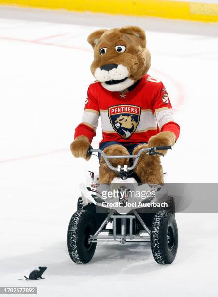 Stanley C Panther the Florida Panthers mascot celebrates the 5-0 win against the Nashville Predators during a preseason game at the Amerant Bank...
