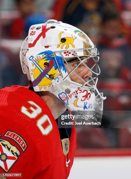 Detailed view of the helmet of goaltender Spencer Knight of the Florida Panthers as he prepares for first period action against the Nashville...