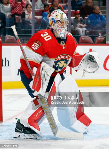 Goaltender Spencer Knight of the Florida Panthers defends the net against the Nashville Predators during a preseason game at the Amerant Bank Arena...