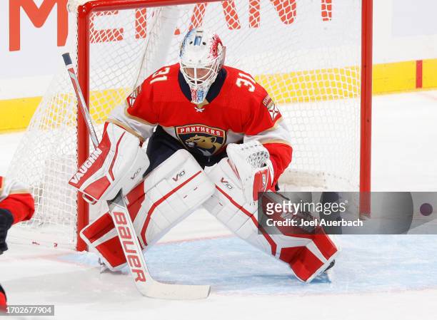 Goaltender Ludovic Waeber of the Florida Panthers defends the net against the Nashville Predators during a preseason game at the Amerant Bank Arena...