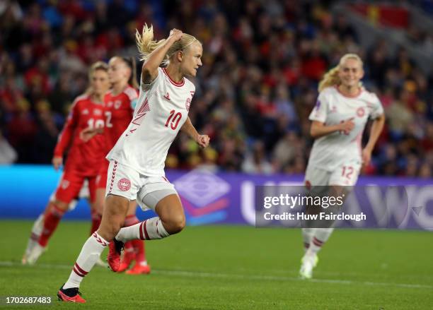 Pernille Harder Captain of Denmark celebrates after scoring the first goal during UEFA Women's Nations League match between Wales and Denmark at...