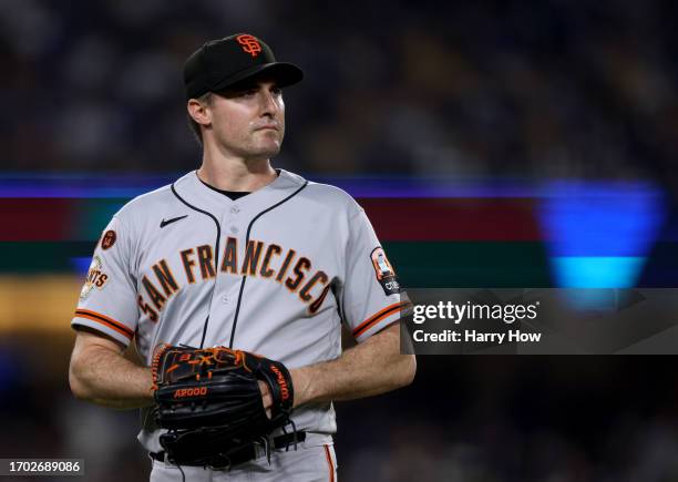 Ross Stripling of the San Francisco Giants during a 7-0 loss to the Los Angeles Dodgers at Dodger Stadium on September 23, 2023 in Los Angeles,...