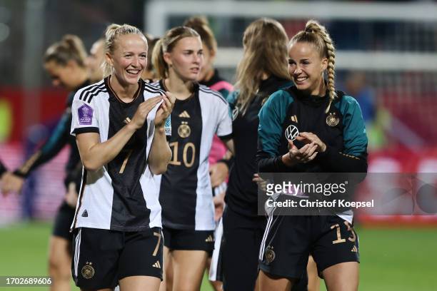 Lea Schueller and Giulia Gwinn of Germany celebrate after winning 4-0 the UEFA Women's Nations League match between Germany and Iceland at Vonovia...