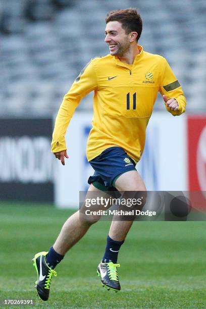 Tommy Oar reacts during an Australian Socceroos training session at Etihad Stadium on June 10, 2013 in Melbourne, Australia.