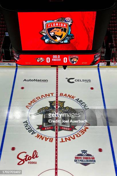 General view of the scoreboard and ice surface displaying the new name of the arena and the 30th anniversary logo prior to the preseason game between...