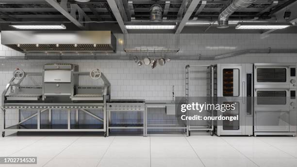 modern industrial kitchen interior with deck oven, cabinet, kitchen utensils and equipment - metal kitchen worktop stock pictures, royalty-free photos & images